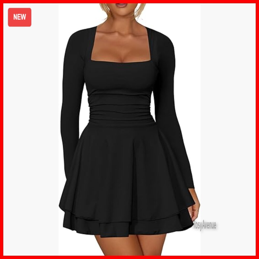 Long Sleeve Mini Dress Square Neck Ruffle Hem Ruched Waist Party Club
